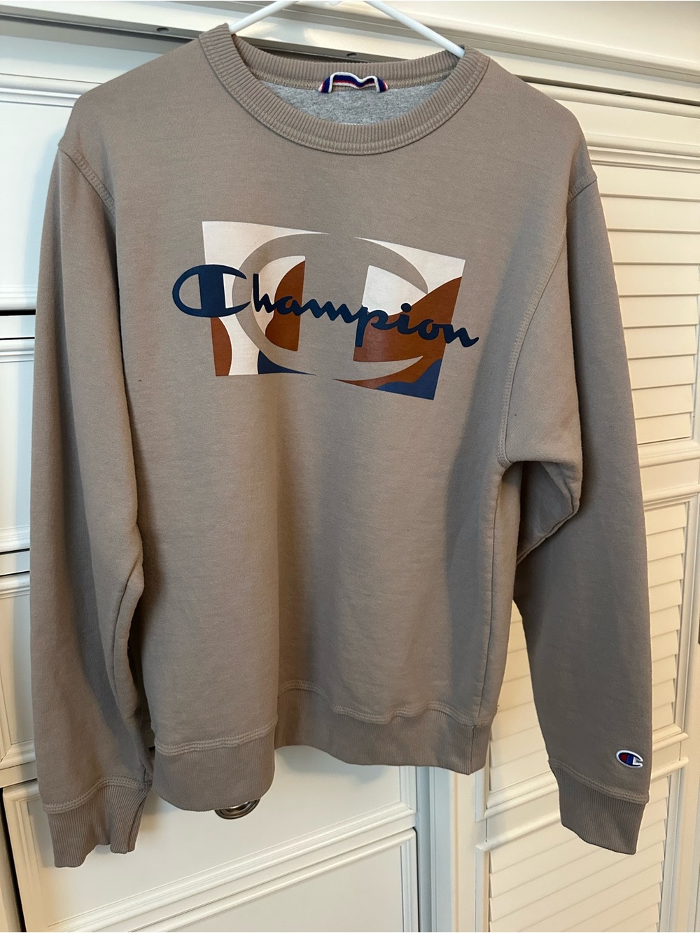 Champion Women’s  Crewneck Sweatshirt in Taupe with Navy & Brown Graphic Size Sm